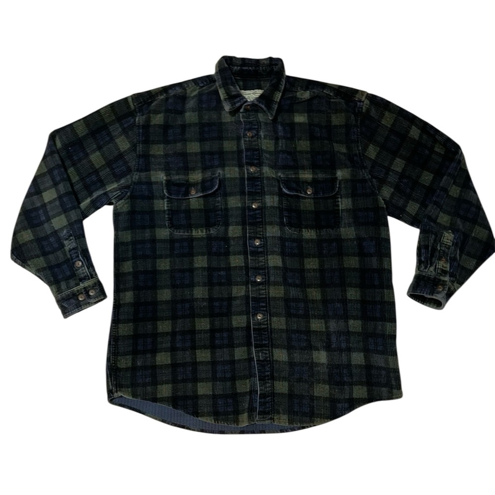 Vintage Eddie Bauer Corduroy Plaid Blue Green Flannel Shirt Size XL Shacket